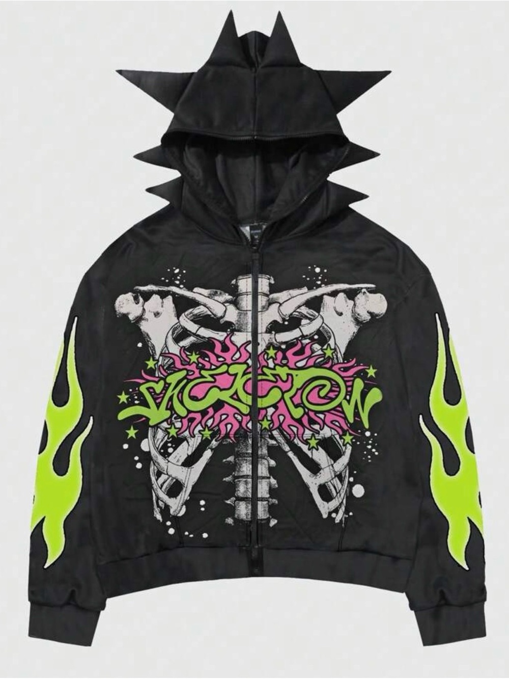 ROMWE Black Zip-Up Hoodie with Neon Green Flames and Pink Ribcage Graphic
